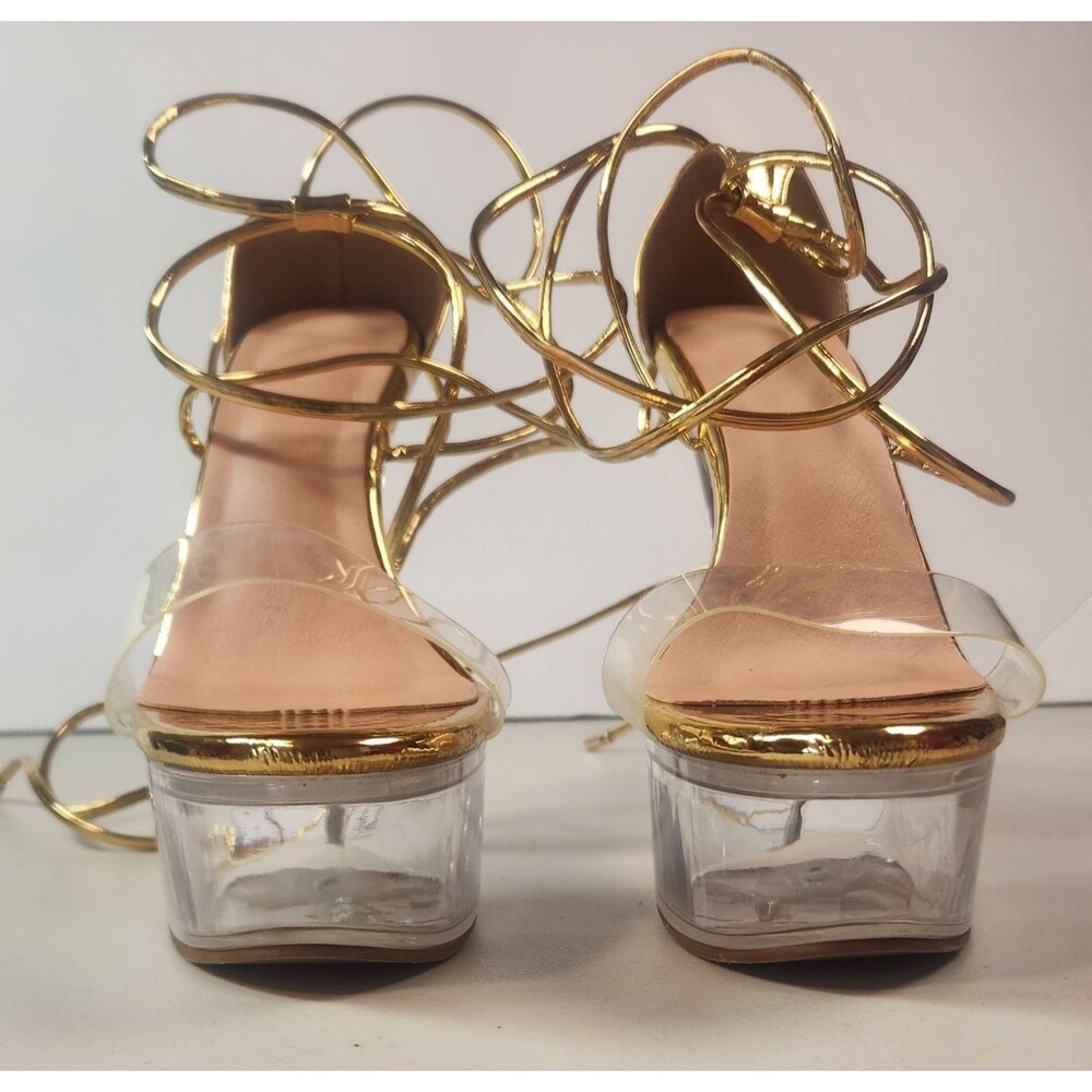 PLEASER Sz 9 Sexy Stripper Gold Ankle Wrap Clear Platform 6" Heels Pole Dancing